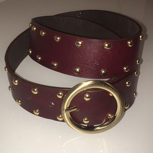 Beautiful Burgundy Leather Belt W/Gold Tone Studs